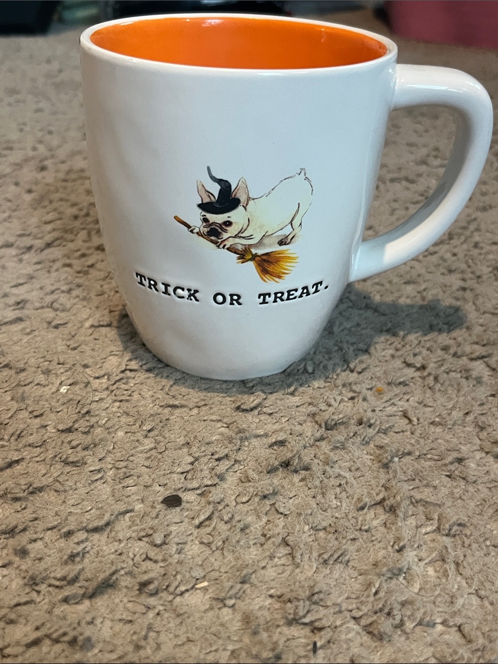 Rae Dunn White Mug with Orange Interior and Halloween Dog